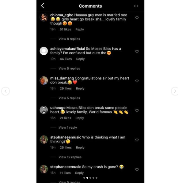 Fans comment under Moses bliss instagram post of his family picture